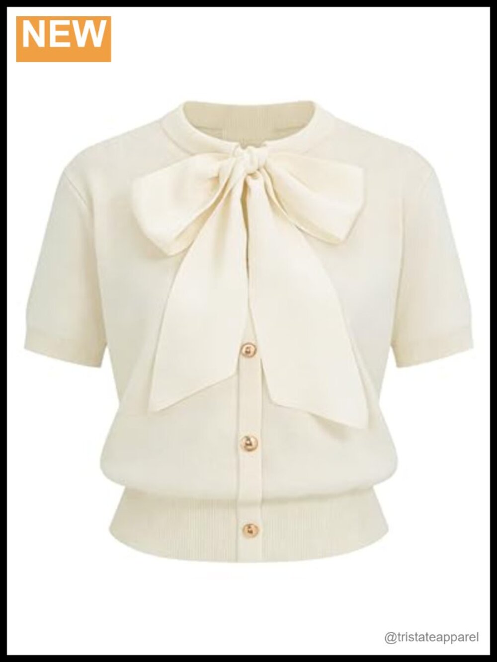 Satin Bow Short Sleeve Knit Cardigan Gold Metal Button Crew Neck Sweater